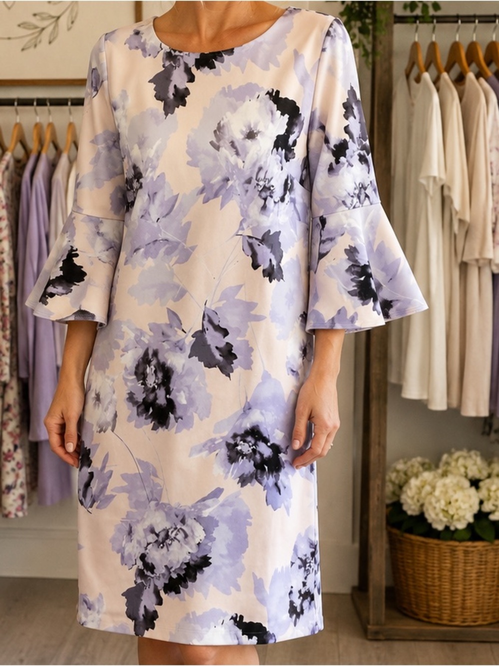 Calvin Klein Size 12 Floral Bell Sleeve Shift Dress Cream Lavender Black
